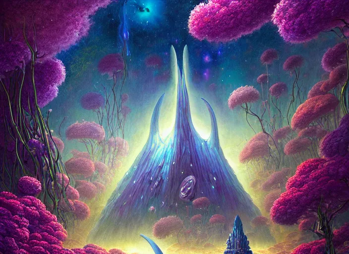 Image similar to a beautiful painting of a large alien shrine shrouded by mystic nebula magic in a field of flowers by moebius and android jones, oil on canvas sharp, details, hyper - detailed, hd, hdr, 4 k, 8 k