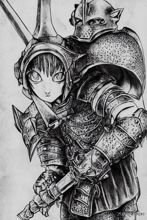 Image similar to Baby Kitten as a knight, highly detailed, black and white, manga, art by Kentaro Miura