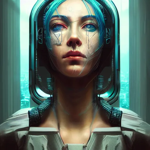 Image similar to portrait of cyberpunk woman looking out of a window, cyberpunk setting, futuristic, highly detailed, intricate lighting, digital painting, sharp focus, illustration, trending on artstation, art by wlop.