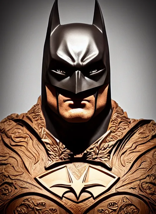 Image similar to high intricate bust of an batman carved from wood in baroque style, studio light, maria panfilova, andrea savchenko, mike kime, ludovic plouffe, qi sheng luo, oliver cook, trending on artstation
