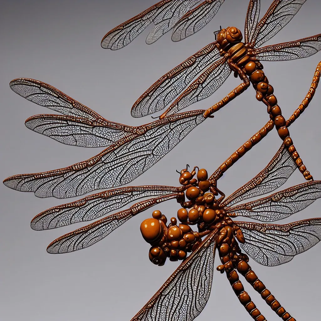 Prompt: A single Close up photo-real delicate ceramic porcelain sculpture of an ornate Dragonfly detailed in front of an intricate background by Victo Ngai and takato yamamoto, micro detail, backlit lighting, face in focus, subsurface scattering, translucent, thin porcelain, octane renderer, colorful, physically based rendering, japanese pottery, trending on cgsociety