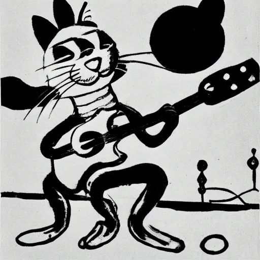 Image similar to cat playing guitar, rubber hose, felix the cat, pie eyes, 1 9 3 0 s, bw