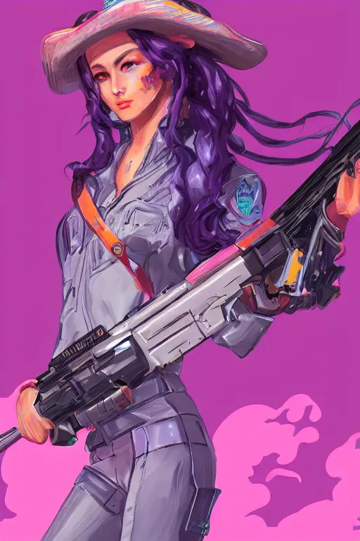 Prompt: Concept art of a beautiful space cowgirl holding a rifle. Vaporwave