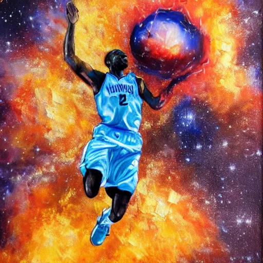 Image similar to An expressive oil painting of a basketball player dunking, depicted as an explosion of a nebula, dramatic, award-winning