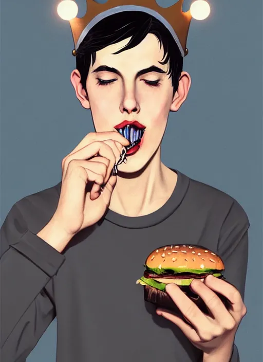 Image similar to portrait of teenage jughead jones wearing a light grey crown, crown, eating hamburger, eyes closed, crown, black hair, intricate, elegant, glowing lights, warm lighting, highly detailed, digital painting, artstation, concept art, smooth, sharp focus, illustration, art by wlop, mars ravelo and greg rutkowski