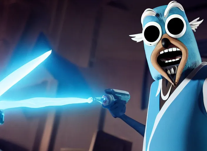 Prompt: film still of mordecai from regular show in the new scifi movie, 4 k