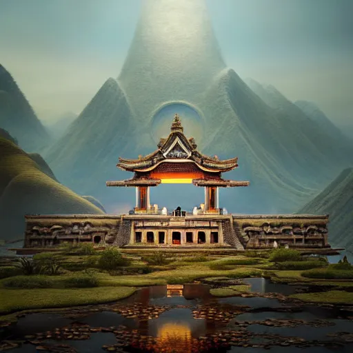 Image similar to infinite final fantasy landscape fall god temple, moody : : wes anderson, roger dean, sophie anderson, esao andrews : : ornate, dynamic, particulate, intricate, elegant, highly detailed, centered, artstation, smooth, sharp focus, octane render, 3 d