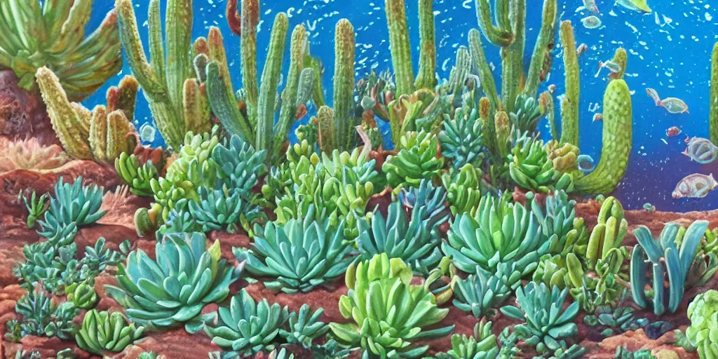 Prompt: a desert with a lot of succulents underwater super detailed acrylic painting, movie poster 7 0's