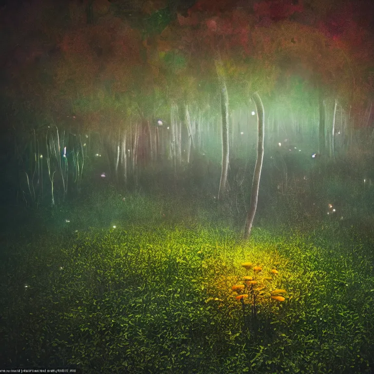 Image similar to a planet of various fungus like trees, mushrooms, flowers and plants, artistic photography, conceptual, long exposure outside the city, volumetric light