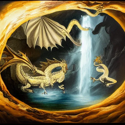 Prompt: oil painting of a dragon flying in the air near a cave with a waterfall in the center, light emanating from the waterfall leading to a big pool of water, dragon has black and white stripes, elegant, sharp focus, wide shot, clear, detailed, early renaissance