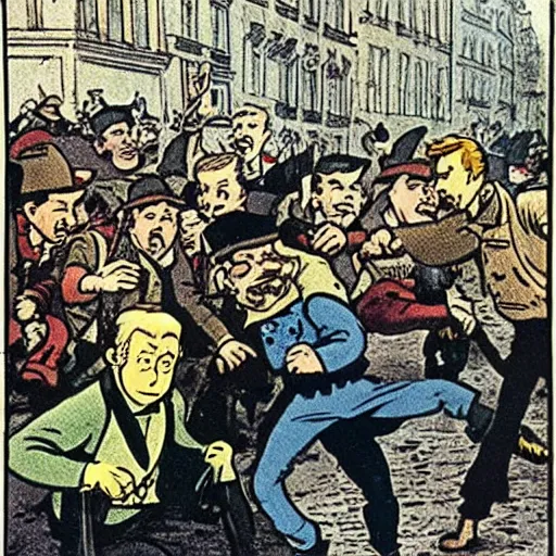 Image similar to Tintin and other revolutionaries on the barricades of Paris in 1848, The Adventures of Tintin, by Hergé, 8k