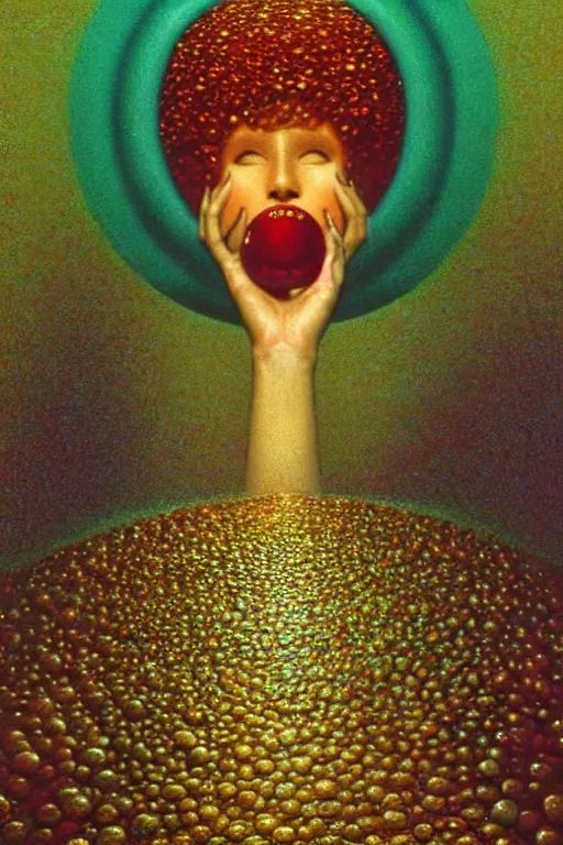 Image similar to 8 0 s close up portait of mushroom head with big mouth surrounded by spheres, rain like a dream oil painting curvalinear clothing cinematic dramatic fluid lines otherworldly vaporwave interesting details epic composition by artgerm rutkowski moebius francis bacon gustav klimt