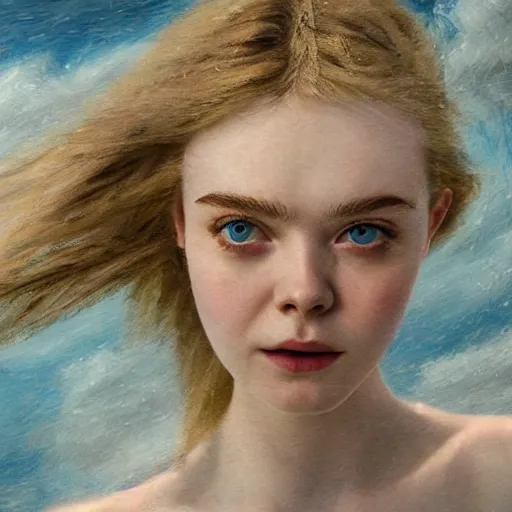 Prompt: Elle Fanning in Santorini at night, head and shoulders portrait, stormy weather, extremely detailed masterpiece, Roger Deakin’s cinematography, oil on canvas, Yoji Shinkawa,