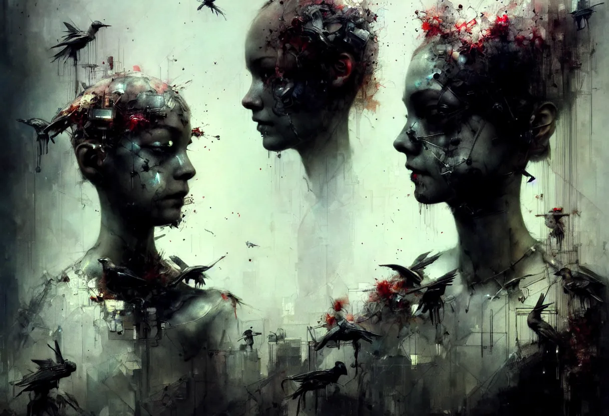 Image similar to beautiful young girl pensive cyborg face, surrounded by small robot birds, matte painting, by emil melmoth zdzislaw beksinki craig mullins yoji shinkawa realistic render ominous detailed photo atmospheric by jeremy mann francis bacon and agnes cecile