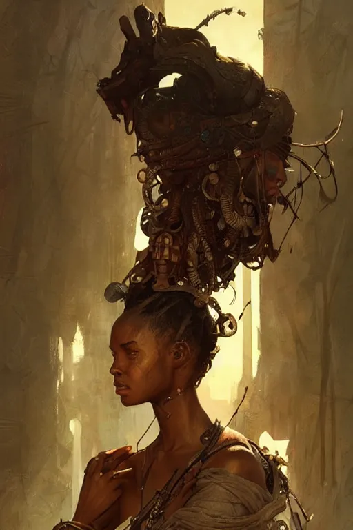 Image similar to A full portrait of a beautiful post apocalyptic African explorer, intricate, elegant, highly detailed, digital painting, artstation, concept art, smooth, sharp focus, illustration, art by Krenz Cushart and Artem Demura and alphonse mucha