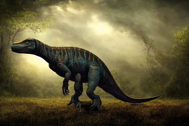 Image similar to Realistic photograph of a somber dinosaur standing in the distance in the style of Dark Naturalism, Jungle Grunge, twilight, glows, detailed, studio quality, hd image,