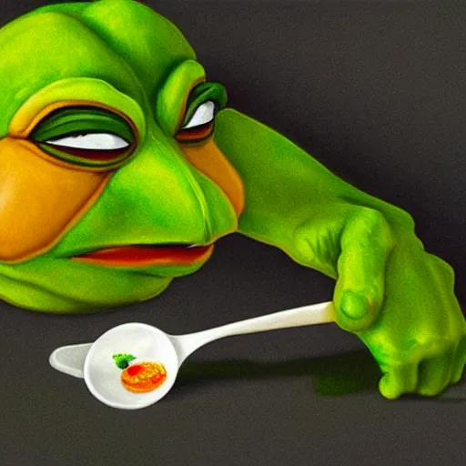 Image similar to pepe with a spoon, realistic, detailed, photography, artstation, dramatic light