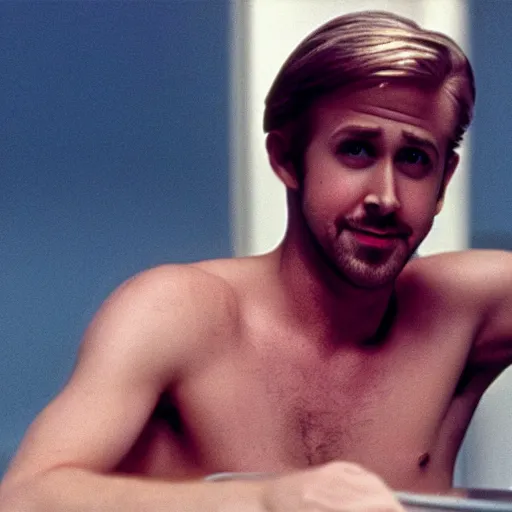 Prompt: a full color still of Ryan Gosling as Ken from Barbie, directed by Stanley Kubrick, 35 mm, 1971