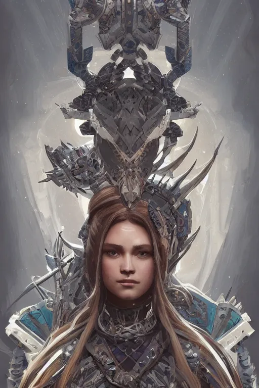 Image similar to symmetry!! portrait of knight in the style of horizon zero dawn, machine face, intricate, elegant, highly detailed, digital painting, artstation, concept art, smooth, sharp focus, illustration, art by artgerm and greg rutkowski and alphonse mucha, 8 k