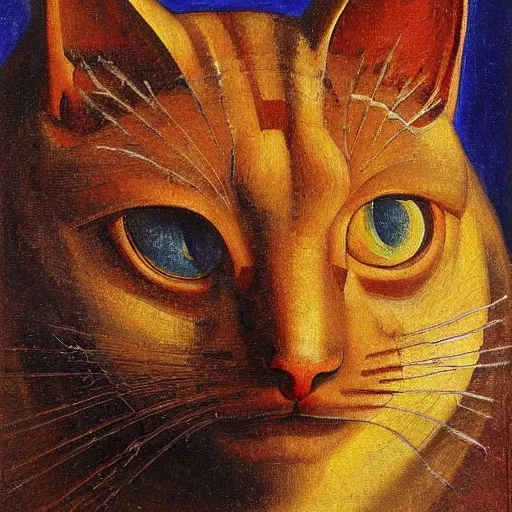 Image similar to masterpiece painting of a mechanical cat head, by annie swynnerton and diego rivera and nicholas roerich and jean delville, symbolist, dramatic lighting, god rays, elaborate geometric ornament, art brut, rich colors, smooth, sharp focus, extremely detailed, adolf wolfli and ( donato giancola )