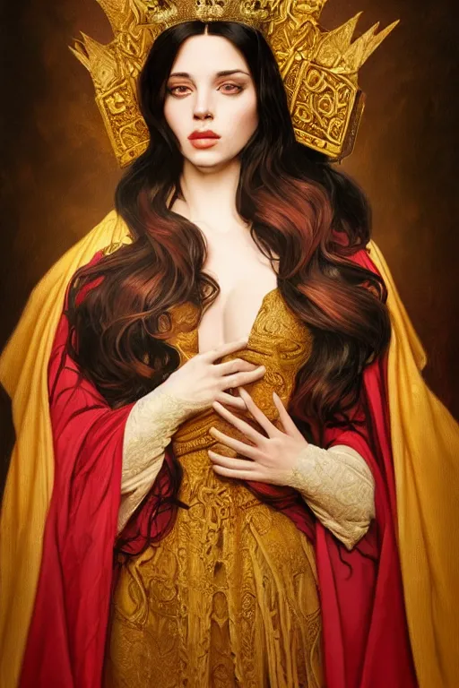 Image similar to Portrait of historically accurate, ancient biblical, sultry, sneering, evil, pagan, wicked, young queen jezebel, wearing gilded red robes, long black hair, intricate, elegant, highly detailed, digital painting, artstation, concept art, smooth, sharp focus, illustration, art by artgerm and greg rutkowski and alphonse mucha and andrei riabovitchev