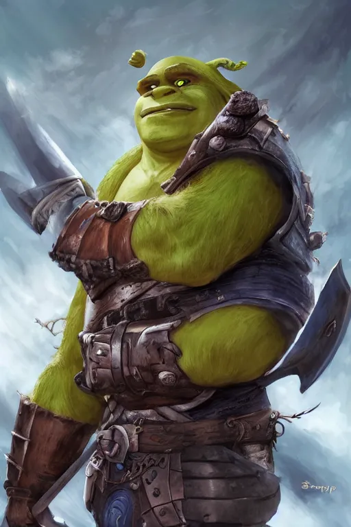 Image similar to A realistic anime portrait of Shrek, warrior, D&D, two handed Axe, full body plated armor, dungeons and dragons, tabletop role playing game, rpg, jrpg, digital painting, by Stanley Artgerm Lau, Frank frazzeta, WLOP and Rossdraws, digtial painting, trending on ArtStation, SFW version