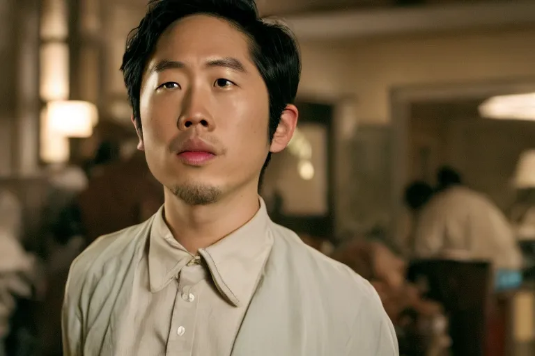 Image similar to cinematic still of Steven Yeun from charlie and chocolate factory (2005), XF IQ4, f/1.4, ISO 200, 1/160s, 8K, RAW, dramatic lighting, symmetrical balance, in-frame