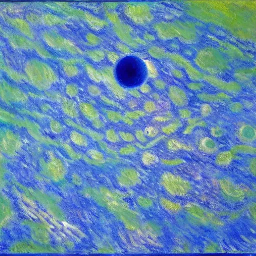 Image similar to a starship in orbit of a large blue planet in the style of monet.