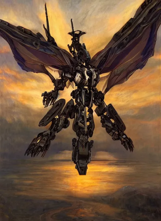 Prompt: biblical mecha winged dragon sitting slayed, in clouds on a riverside, sunset, big eyes, portrait by mikhail vrubel, studio lighting, muted colors, by frank frazetta, extreme detail, reflections, trending on artstation, 8 k