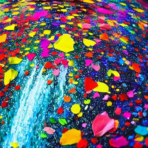 Image similar to extreme close-up of maximalist waterfall with water full of broken mirror pieces and millions of tiny colorful flower petals, bright saturated colors, scintillating, trending on ArtStation, beautiful!!! stunning!!! waterfall, impressionistic oil on canvas
