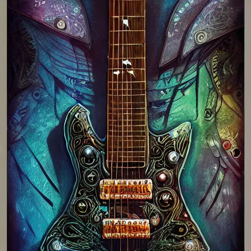 Prompt: eyes, electric guitar, extremely Highly detailed, Occult, funny, entertaining, magical, trending on artstationHQ, closeup, D&D, intricate, elegant, highly detailed, digital painting, artstation, concept art, matte, sharp focus, illustration, concept art