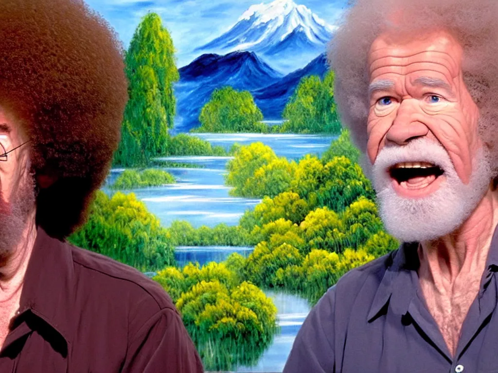 Image similar to old!!!! bob ross is sad and angry and yelling!!! at a huge painting of nature by bob ross