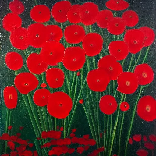 Prompt: oil painting of many various red flowers on a dark background, painted by Sandro Botticelli, the flowers are floating and are seen from the side, dark atmosphere, realistic flowers oil painting