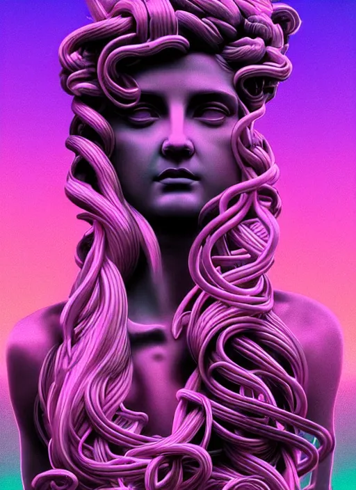 Image similar to statue of medusa, beeple, android jones, liam wong, ( ( ( ( ( dan mumford ) ) ) ) ), vaporwave, retrowave, black background, neon wiring, black, glitch, strong contrast, cuts, pinterest, trending on artstation