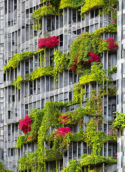 Image similar to brutalist buildings covered in colorful vines and flowers by Denys Lasdun William Morris and Mies van Der Rohe, artstation, masterpiece