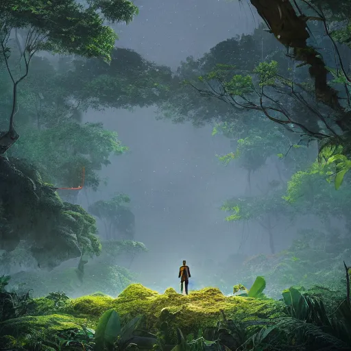 Image similar to alone person facing the desperate call of the void, organized suburb in jungle forest, unreal 5 render, vivid colors, high detail, clear weather, studio ghibli, history painting, digital art, octane render, beautiful composition, trending on artstation, award - winning photograph, masterpiece