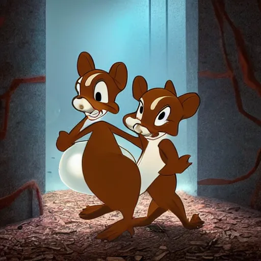 Prompt: Chip and Dale in liminal space, unsettling interior, hyperrealistic, feeling lost in an abandoned building, clean, unreal vision