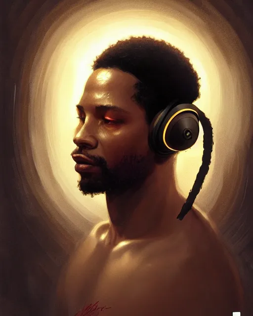 Image similar to light skin black man with headphones at his home studio producing music late at night, very detailed, 4 k, concept art like ernest khalimov, intricate details, highly detailed by greg rutkowski, ilya kuvshinov, gaston bussiere, craig mullins, simon bisley