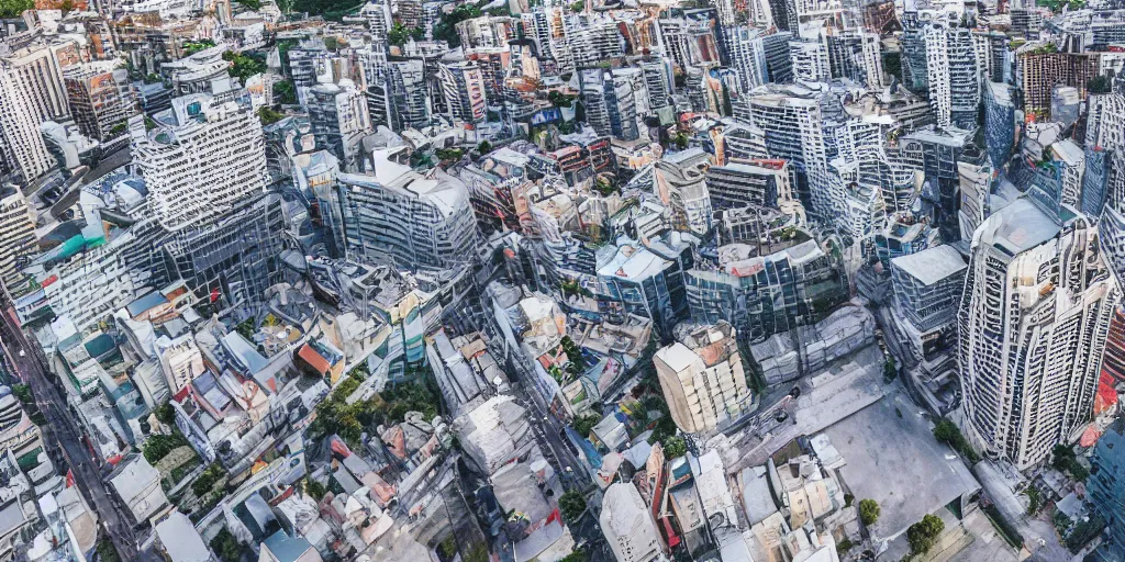 Prompt: drone view of a Brutalist architecture city with a large road through,sharp focus, telephoto lens, 3D digital art 4k