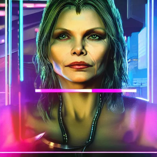 Prompt: michelle pfeiffer portrait, cyberpunk 2 0 7 7, cyberpunk judy alvarez, photorealistic, ultra detailed, neon, octane, bokeh, cinematic lighting, cyber, cyberpunk city, studio quality, feature, scars, cyberface, 8 k