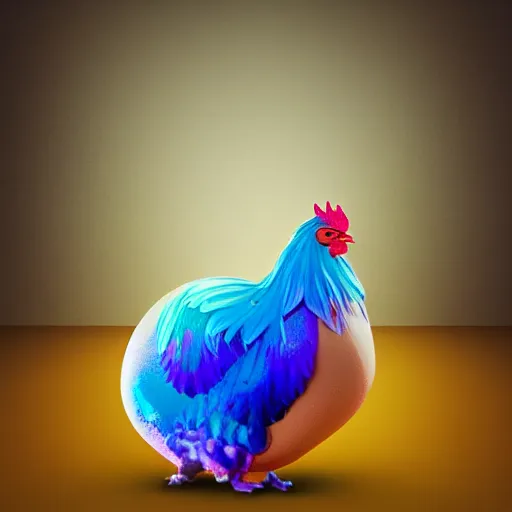 Prompt: 'a painted Easter egg that is imagining becoming a chicken as imagined by a iridescent rooster as imagined by a cat that is laying half asleep on the windowsill as the mentally ill geek girl reads the cat's thoughts concerning the iridescent rooster is imagining a beautiful painted Easter egg that is imagining turning into a chicken.' 3D render at 16K resolution. epically surreally epic image. rendering amazing detail. vivid clarity. ultra shadowing. mind-blowing quality.