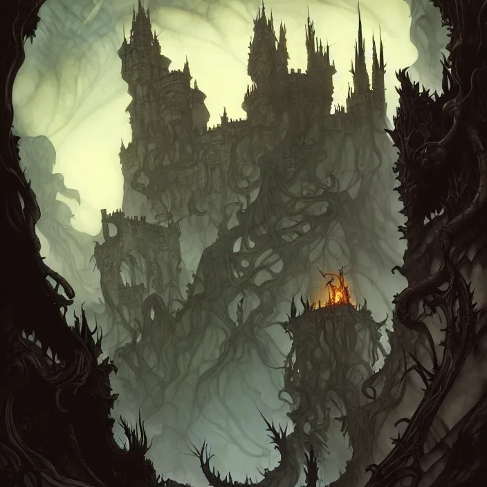 Prompt: style artgerm, joshua middleton, arthur rackham, twisted castle in hell, very long wirey spires, fire swirling, detailed, cave setting, volumetric lighting