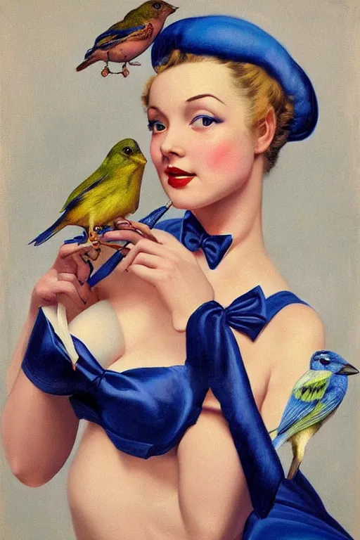 Image similar to hyper realistic painting, pinup girl holding an indigo bunting, bird, the bird is wearing a bowtie, anime, porcelain skin, glistening, very coherent, gillette gil elvgren