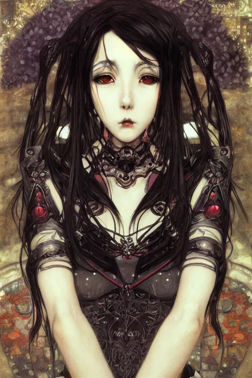 Prompt: portrait of beautiful young gothic anime maiden, cute anime face, cyberpunk, Warhammer, highly detailed, artstation, illustration, art by Gustav Klimt