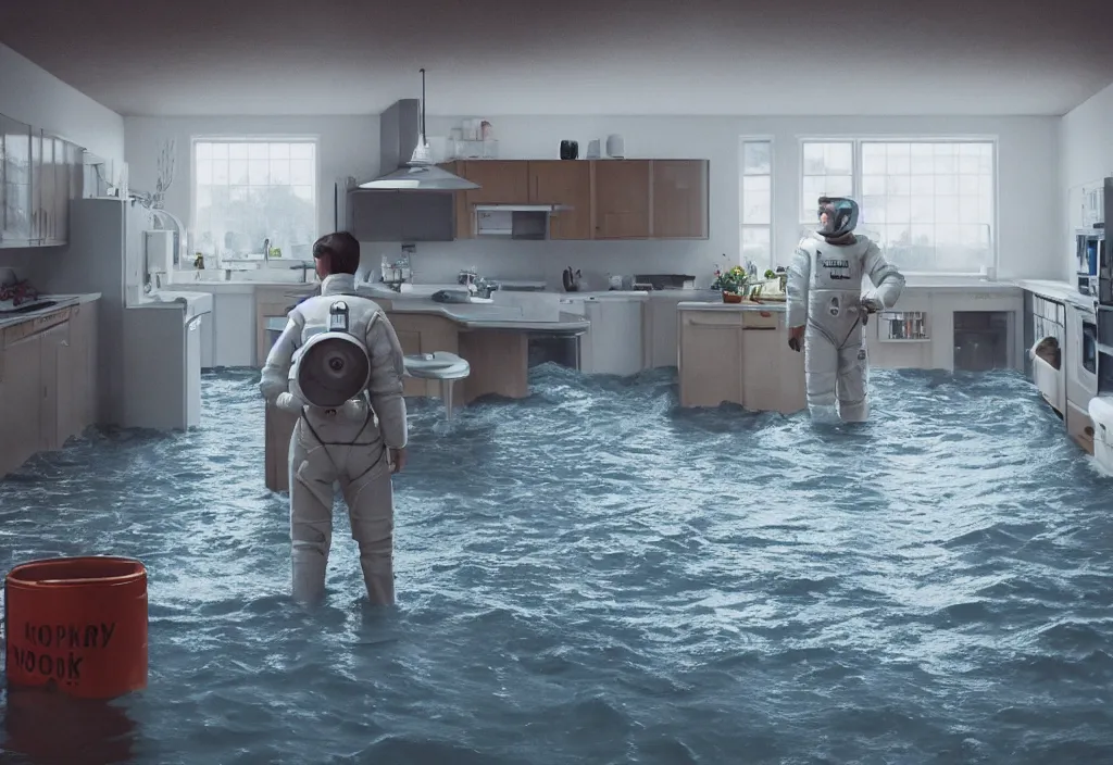 Prompt: kodak portra 4 0 0 photographic and realistic, 7 0's kitchen, detailed, octane render, unreal engine, 4 k, artstation, hyper realistic, wide angle, floor flooded, how a river, a man with space suit, objects that float, 3 5 mm, sharp focus, soft light, volumetric light fog, art by gregory crewdson