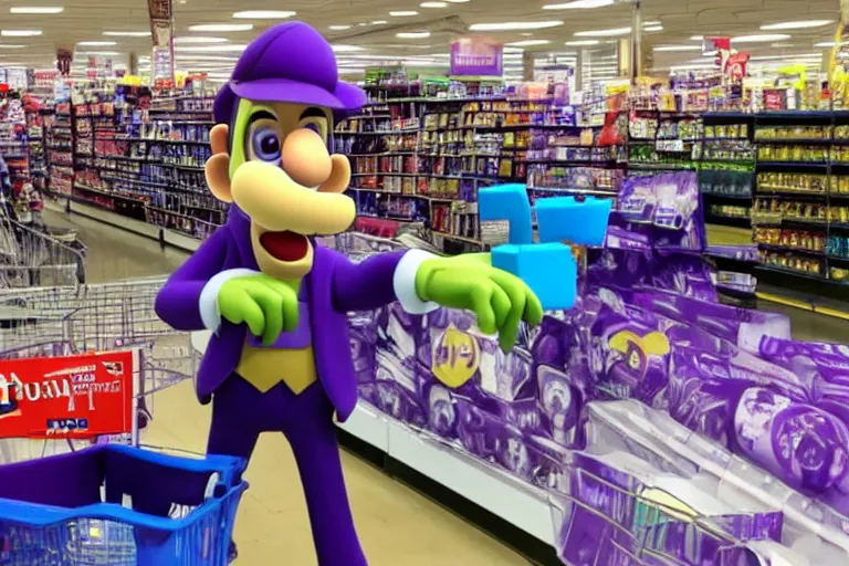 Prompt: waluigi robbing a kmart