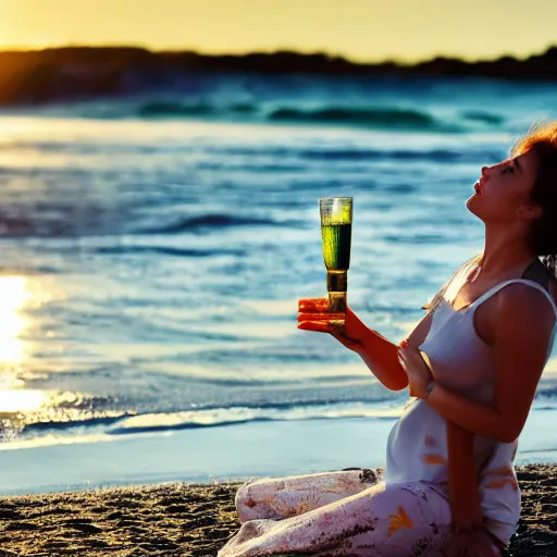 Prompt: a woman drinking gin and tonic on the beach, sunset, photography, 4 k,