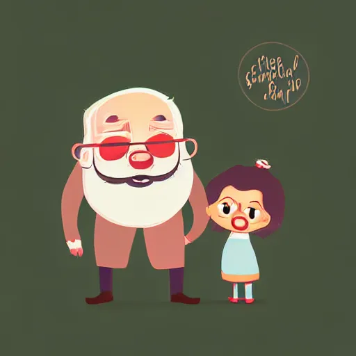 Image similar to curled perspective digital art of a cute cartoon character smiling beard grandpa with baby girl photo camera by anton fadeev