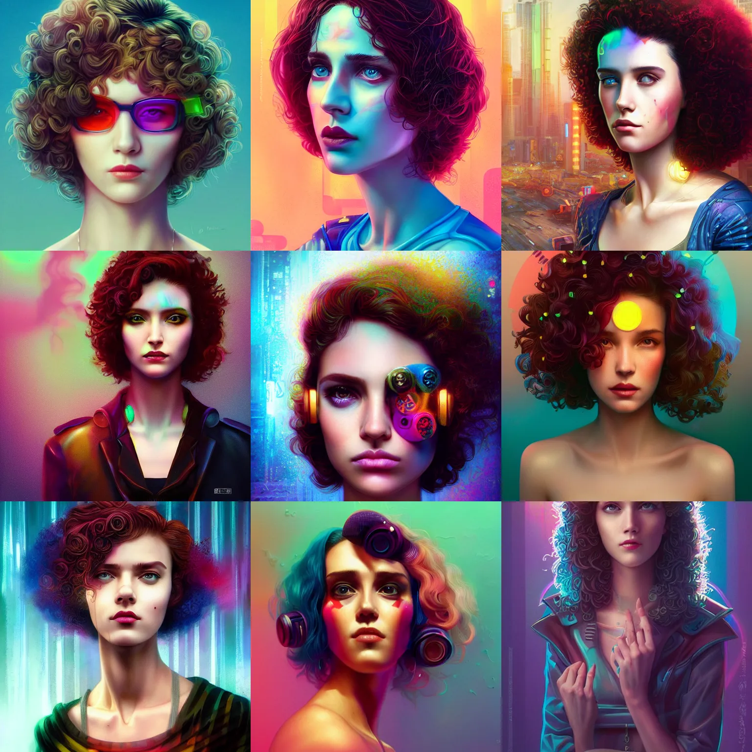 Prompt: Lofi vaporwave cyberpunk portrait beautiful woman with face of Scarlett Johannsen short brown curly hair, roman face, rainbow, Pixar style, Tristan Eaton, Stanley Artgerm, Tom Bagshaw