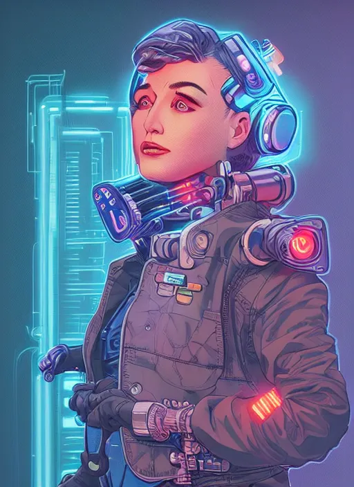 Prompt: portrait of a cyborg humanoid girl with mechanical and electronic element, denim jacket surrounded by neon light, illustrated by Michael Whelan and Laurie Greasley, highly detailed, trending on artstation